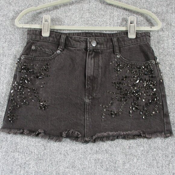 Free People Skirt Womens 0 Black Denim Beaded Gem Cut Off Short Mini Jean 28 - Picture 1 of 14